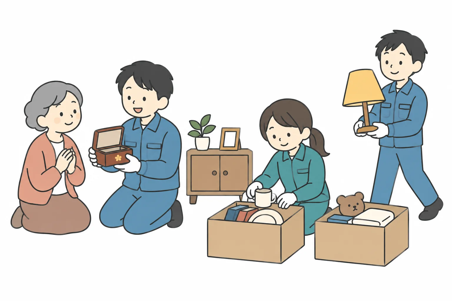 ご家族と大切な品を確認しながら、家財を仕分けて運び出すアイテラスのサービスイメージ